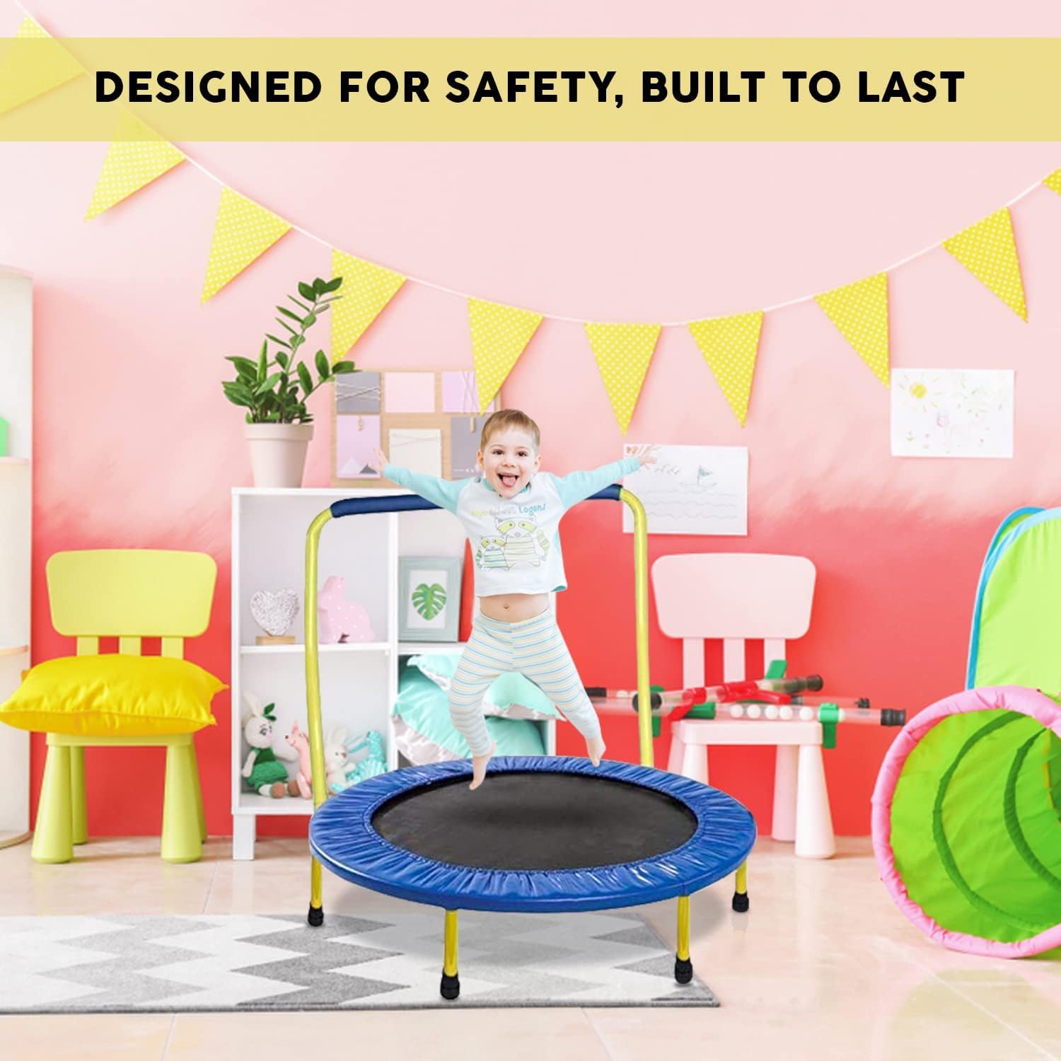 Kids Trampoline Portable & Foldable 36 Inch Round Jumping Mat for Toddler Durable Steel Metal Construction Frame with Padded Frame Cover and Handle
