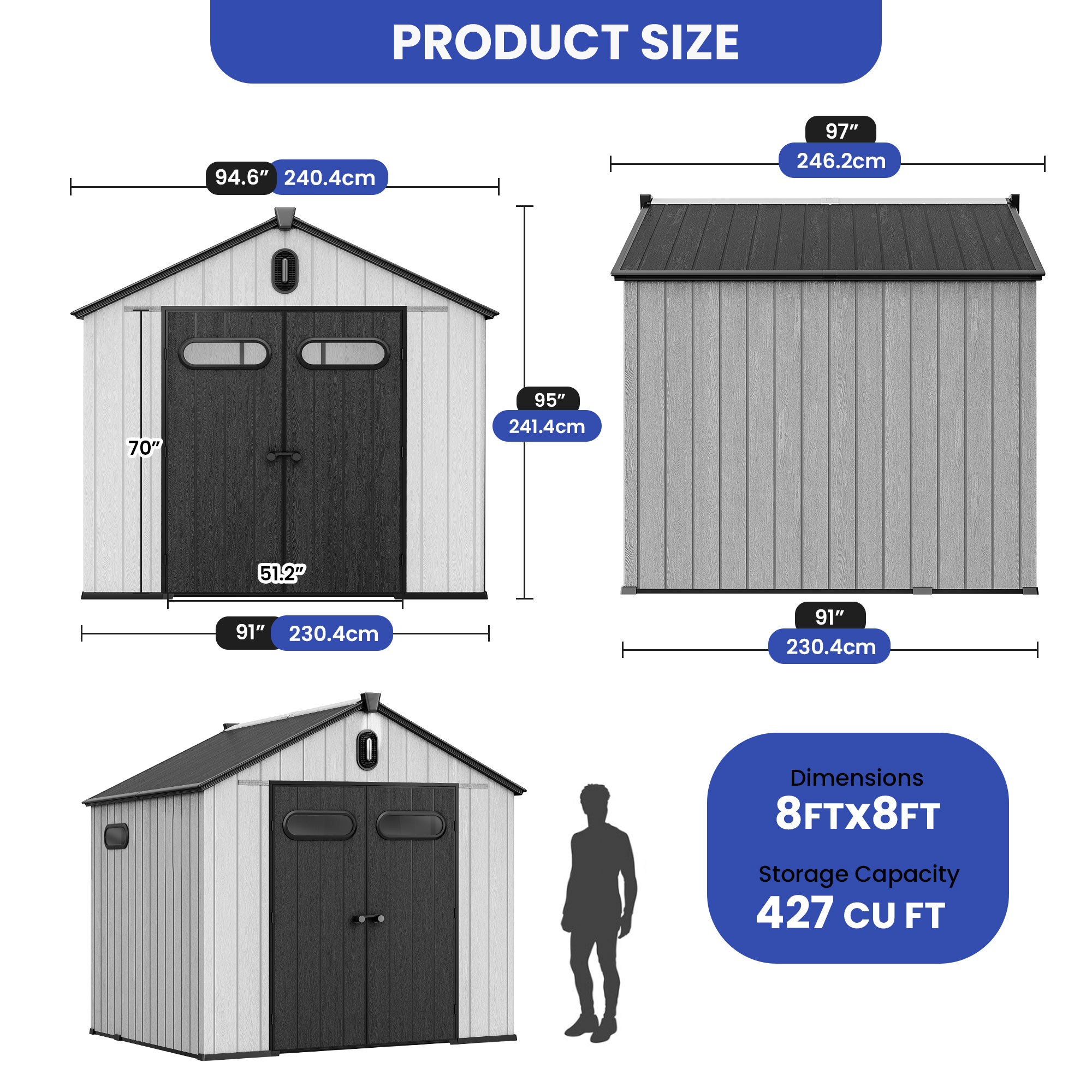 ModFusion 8x8 Ft Improved Natural Light, Outdoor Resin Storage Shed, 2 Door with Lock, Floor, Gable Roof, Windows, Air Vent, for Bike, Trash Can