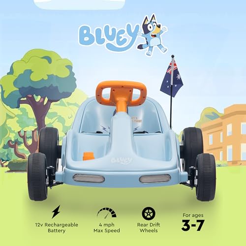 Bluey 12V Electric Go Kart for Kids, Electric Ride-On Toy with Lights, Seat Belt, Ages 3-6, Durable PVC and Iron Construction, Rechargeable Battery