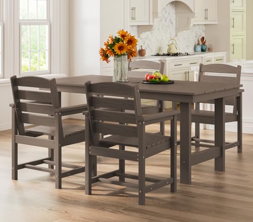 SERWALL Outdoor HDPE Dining Table Set, 7-Piece Outdoor Dining Table Sets with Umbrella Hole Cut-Out Table and 6 Chairs, Gray