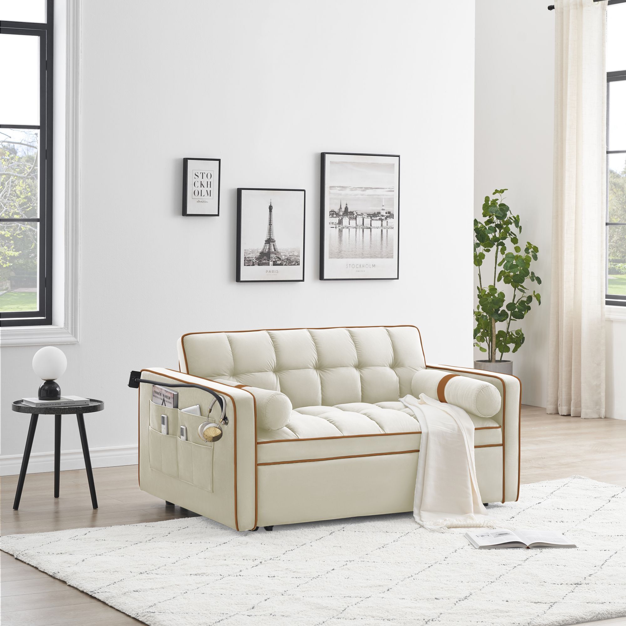 DEALTOPS 3 in 1 Sofa Bed, 55" Loveseat Sleeper with Two Pillows & Phone Stand, White
