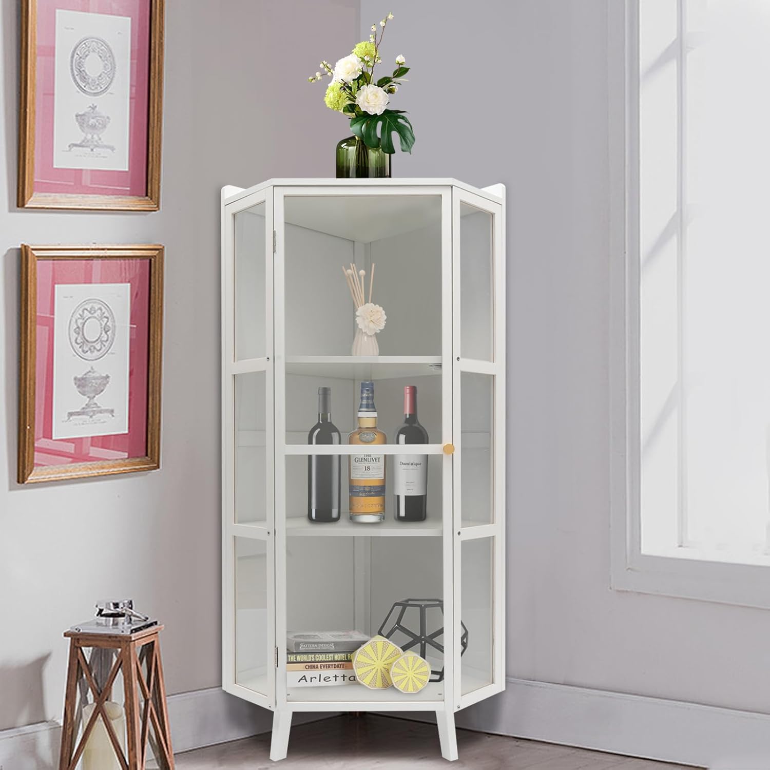 Tall Corner Storage Cabinet Modern Freestanding Corner Shelves Farmhouse 3-Tier Corner Bookshelf Stand Storage Rack with Clear Door Home Space Saver