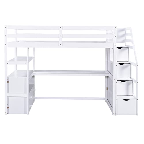 Twin Loft Bed with Staircase, Desk and Wardrobe, Wood Loft Bed with Storage Shelves and Safety Guardrail