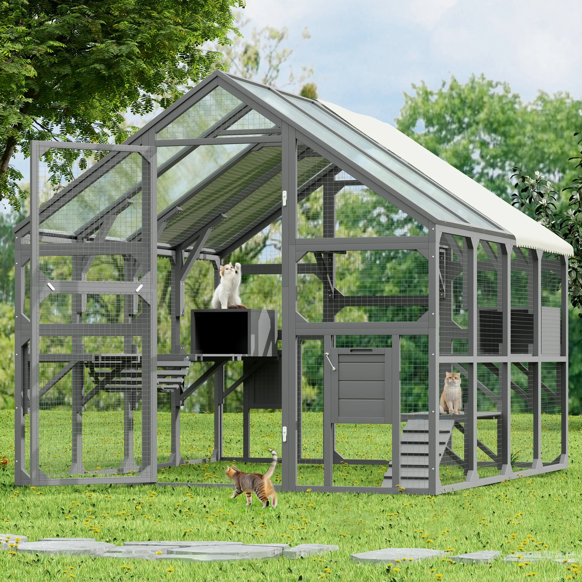 Montary Catio Outdoor Cat Enclosure with Window Access, 4-Tier Cat House with Wheels, Waterproof Roof &amp; Resting Box, Large Gray Cage