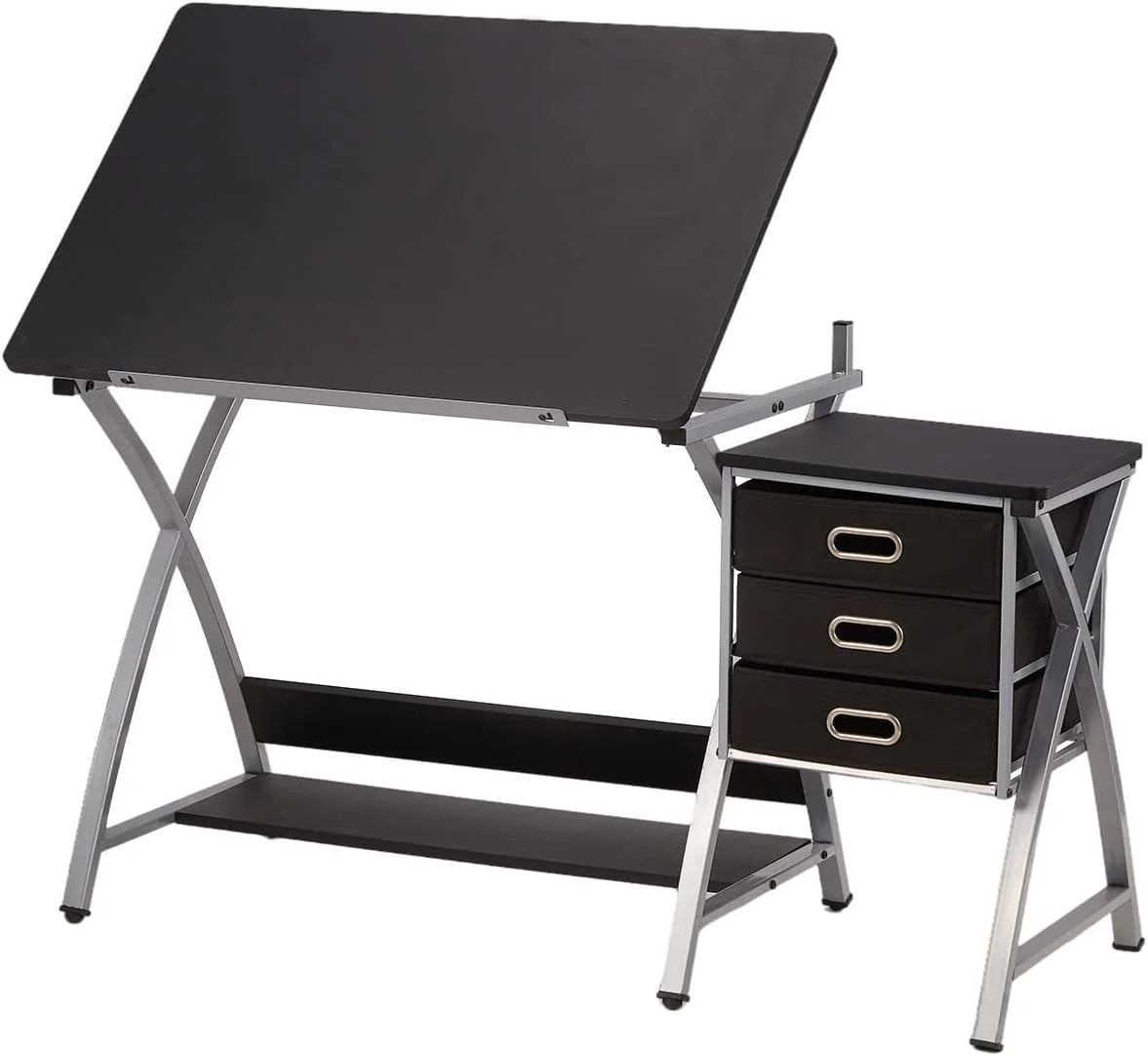 Adjustable Drafting Table For Artists With Stool, Sturdy X-Cross Metal Frame Drawing Table With Storage Drawers, Art Desk With Tilted
