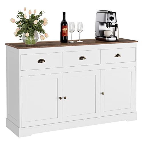 Keyluv White Buffet Cabinet Storage Sideboard Farmhouse Server Bar Wine Cabinet with 3 Drawers & 3 Doors Adjustable Shelves Console Table for Dining