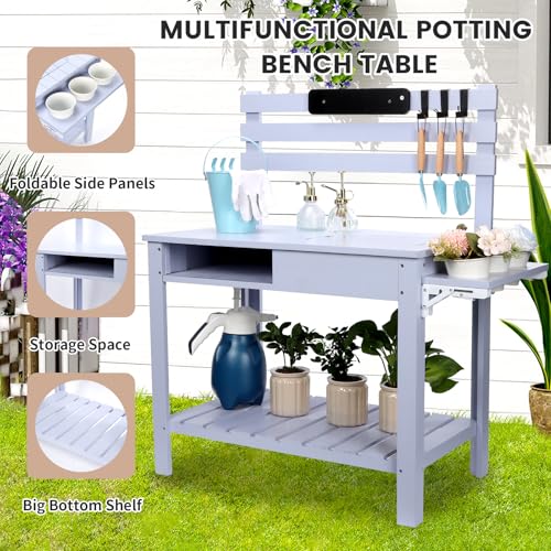 Potting Bench Table Outdoor Garden Table Wooden Work Station Outdoor Garden Work Bench Platform with 3 Side Hook Shelf Natural Wood Rice-White