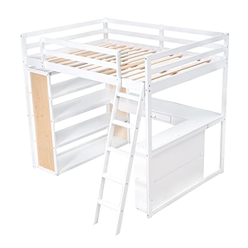 Twin Loft Bed with Staircase, Desk and Wardrobe, Wood Loft Bed with Storage Shelves and Safety Guardrail