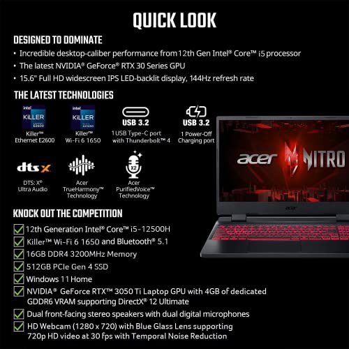 Acer Nitro V Gaming Laptop | Intel Core i5-13420H Processor | NVIDIA GeForce RTX 2050 Laptop GPU | 15.6" FHD IPS 144Hz Display | 8GB DDR5 | 512GB Gen