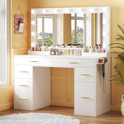 Vanity Desk with Large Mirror and Lights, 45.3in Makeup Vanity with Power Outlet 9 Drawers & Storage, 3 Lighting Color Adjustable