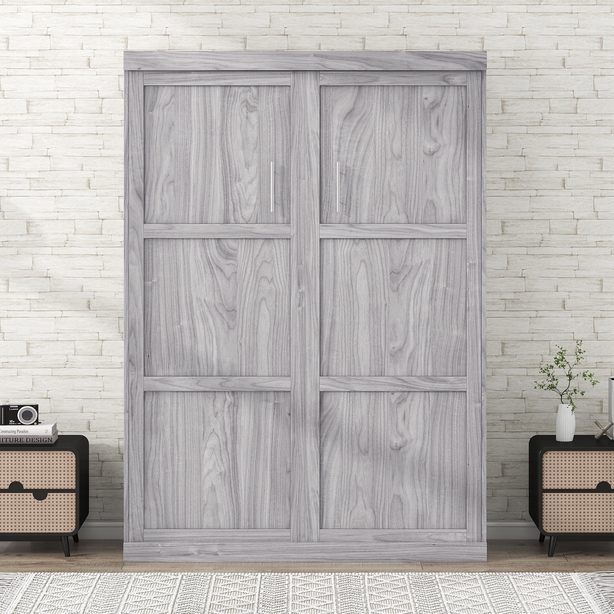 Euroco Pine Wood Full Size Murphy Bed, Convertible Wall Bed into A Cabinet, Gray