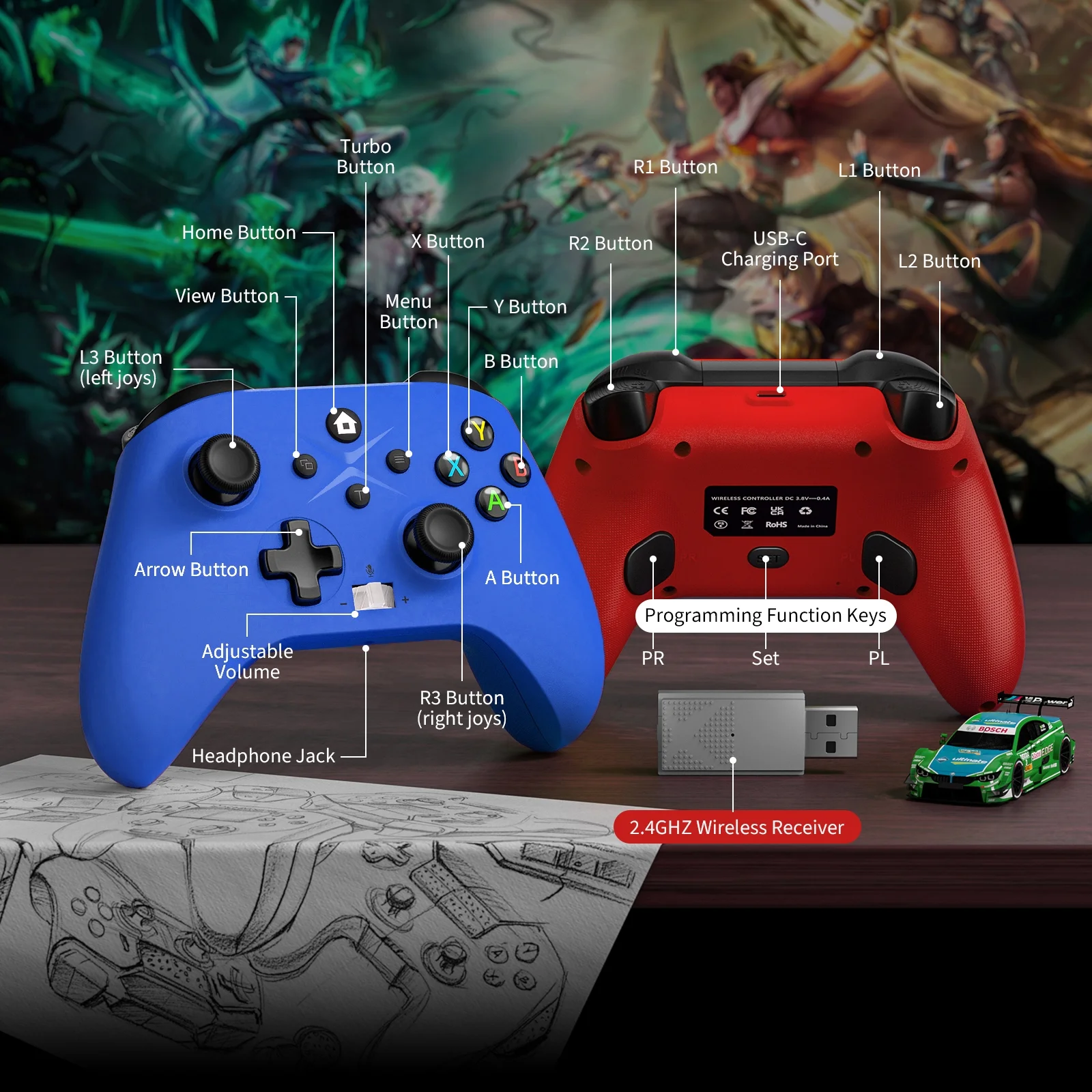 2 Pack Wireless Xbox One Controller, Compatible with Xbox One/One X/One S/Xbox Series S/Series X/PC (Blue and Red) - Curated Treasures Market