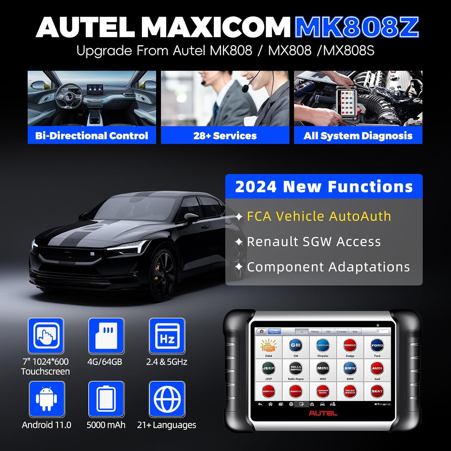 Autel Scanner MaxiCOM MK808Z: 2024 Android 11 Version MK808 Bidirectional Scan Tool, Same As MK808S MX808S