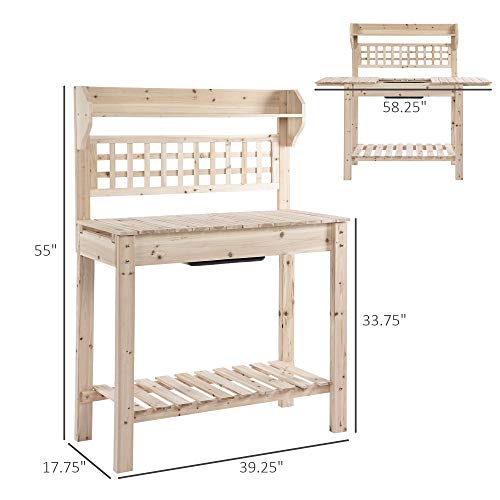 Outsunny Outdoor Potting Bench Table, Wooden Workstation with Sliding Tabletop, Storage Shelf and Dry Sink, for Greenhouse, Garden, Patio, Brown