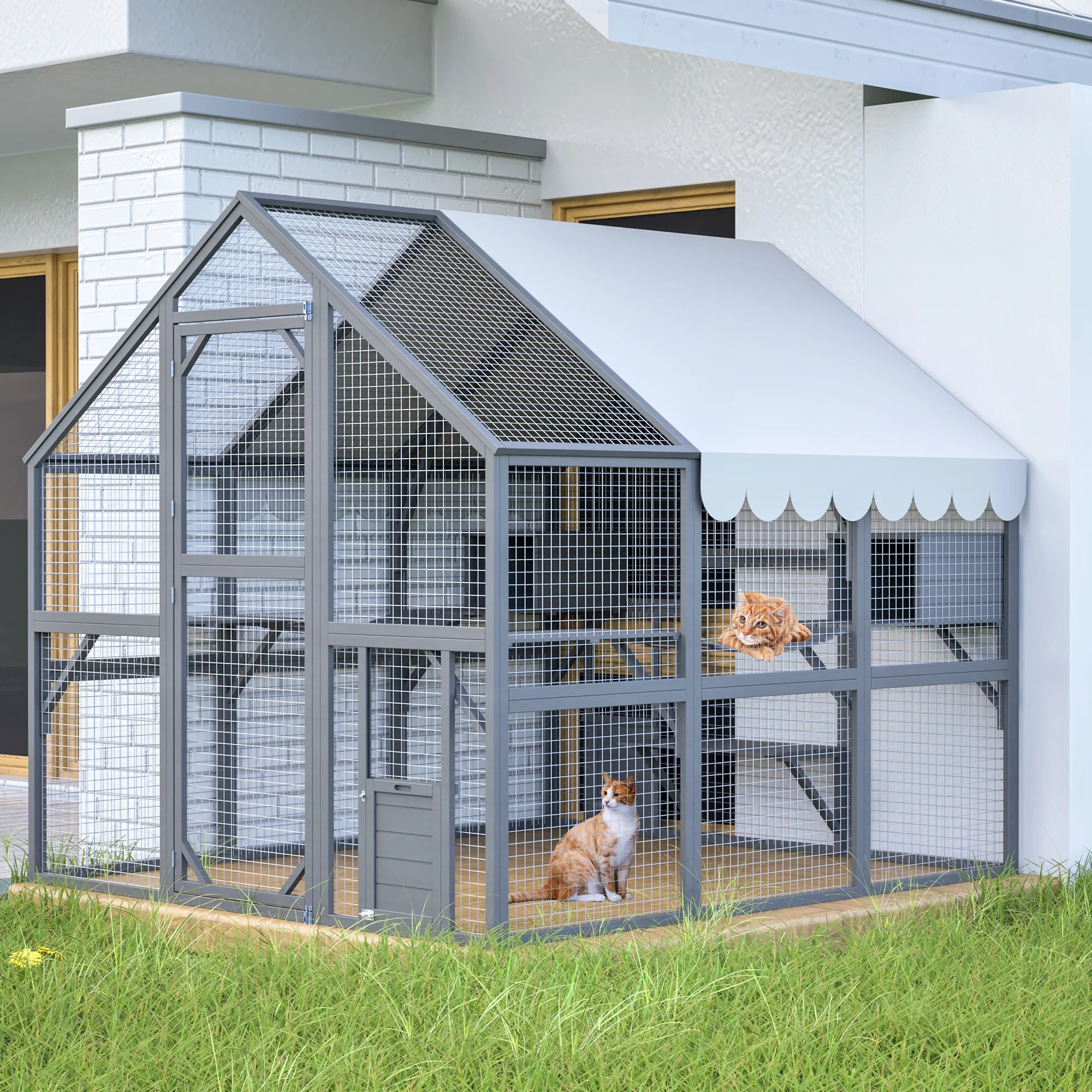 Montary Catio Outdoor Cat Enclosure with Window Access, 4-Tier Cat House with Wheels, Waterproof Roof &amp; Resting Box, Large Gray Cage