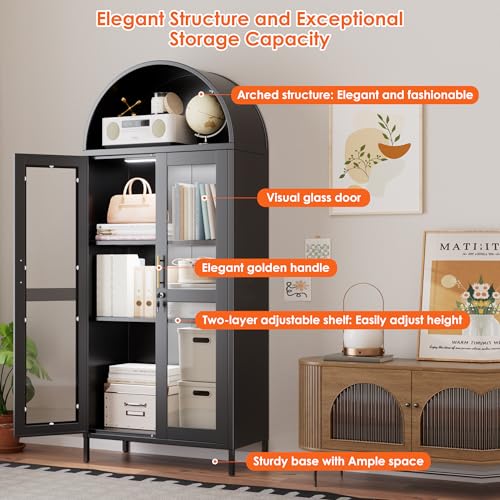 Tall Kitchen Pantry Cabinet, Metal Display Storage Cabinets with 4 Doors/2 Drawers for Kitchen Home Office Living Room, Assembly Required
