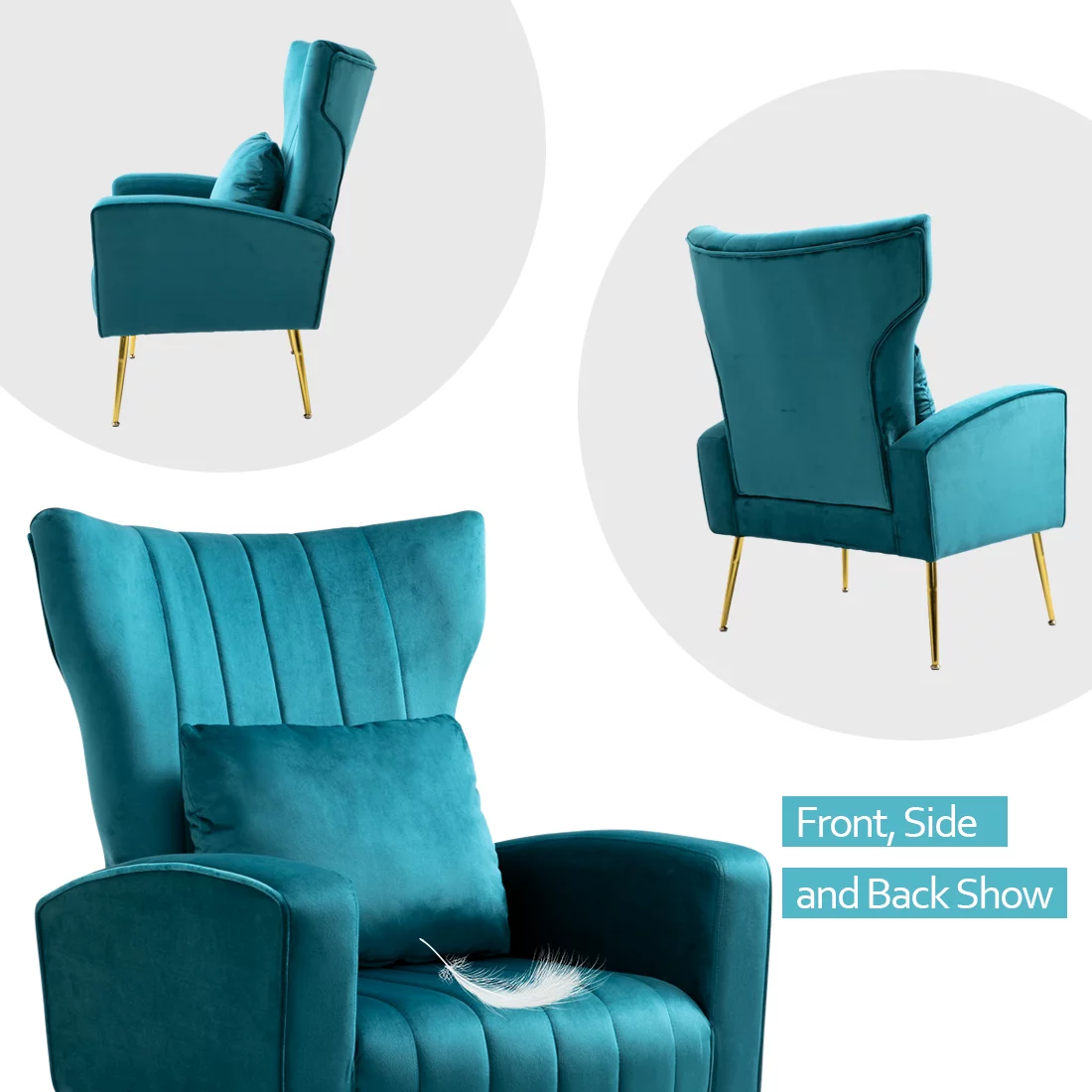 Newnno Living Room Chairs Set of 2 with Lumbar Pillow, Velvet Accent Chair with High Back Mid Century Armchair for Bedroom with Armrest