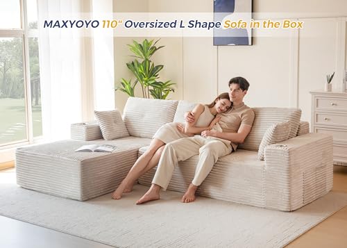 MAXYOYO 110" Modular Sectional Couch with L-Shape Chaise, Modern Boneless Couch for Living Room, Sofa in A Box, Oversized Sofa Sleeper with Deep Seat