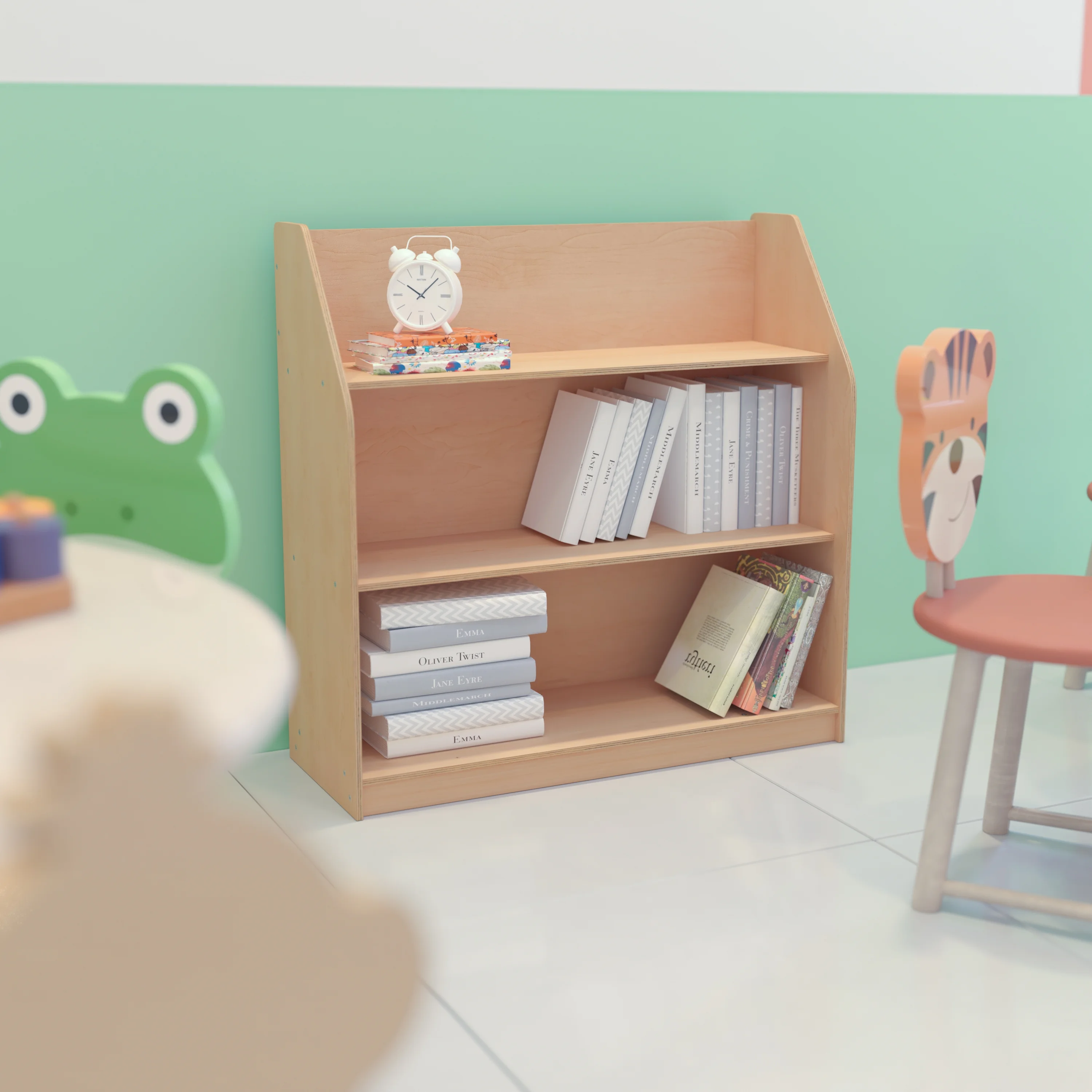 BizChair Natural Wooden 3 Shelf Book Display with Safe, Kid Friendly Curved Edges - Commercial Grade for Daycare, Classroom or Playroom Storage