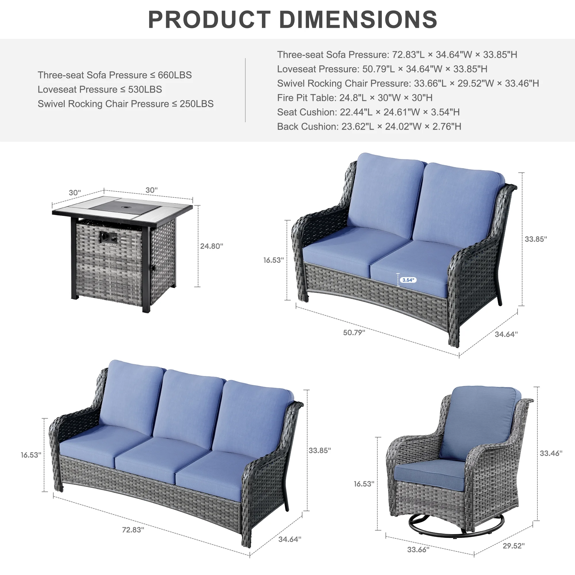 Ovios 6 Pieces Outdoor Patio Furniture with Fire Pit Table Wicker Patio Sectional Sofa with Swivel Chairs for Backyard