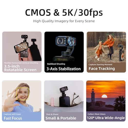 ORDRO M5 Vlogging Camera 3-Axis Gimbal Stabilizer, 5K Handheld Camera 3.5'' Rotatable Touchscreen 120° Wide Angle, IR Night Vision Function