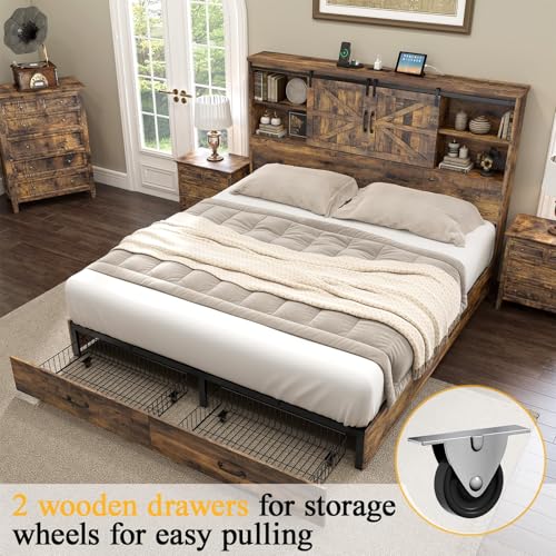HOWE King Size Bed Frame, Wood Platform Bed Frame with 51.2" Bookcase Headboard, Storage Bed with Sliding Barn Door Charging Station 2 Drawers