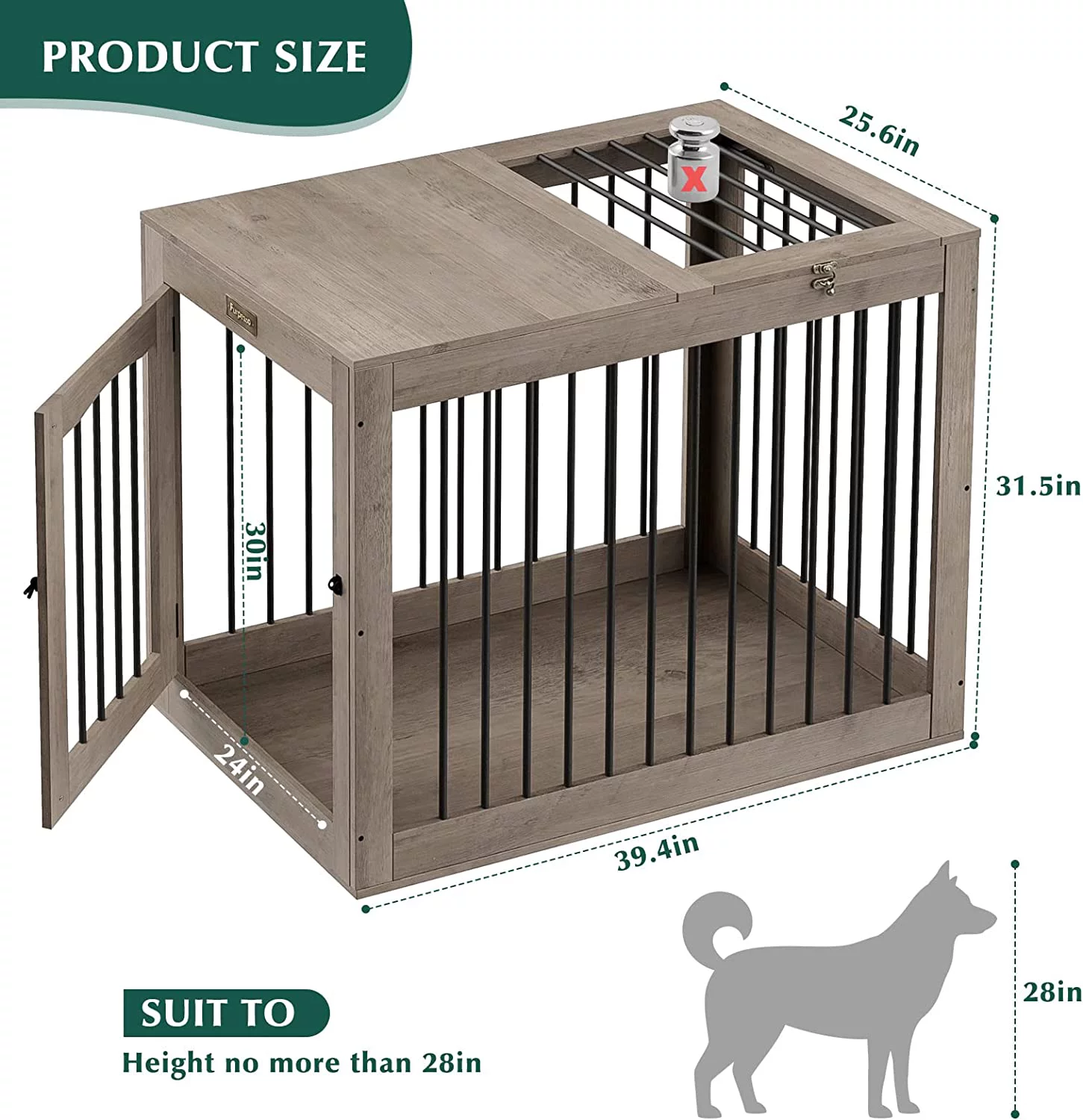 Furpezoo Large Dog Crate, Wooden Pet Kennel End Table, Dog Cage with 2 Doors, Gray, 40"L