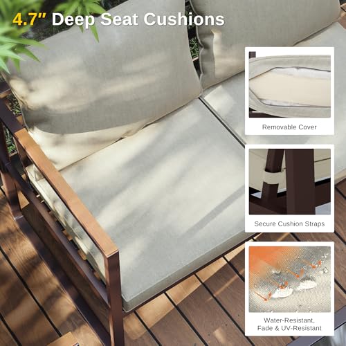 EAST OAK Courtyard Patio Furniture Set, 4-Piece Outdoor Patio Set with Sofa, Removable & Washable Deep Seating Cushion, Tempered Glass Table