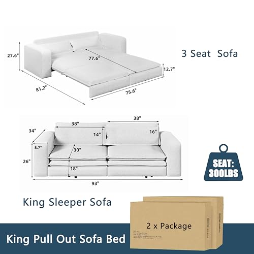 93" King Pull Out Sofa Bed, 3 in 1 Convertible Sleeper Sofa Couch, Comfy 3 Seater Sleeper Bed with 2 Pillows