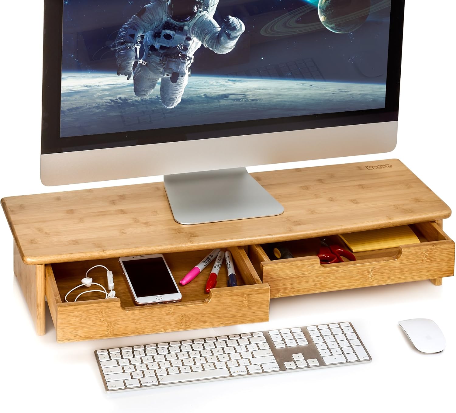 Prosumer’s Choice Bamboo TV/Monitor Stand and Riser with Dual Pull-Out Drawers – Extra Long 30”