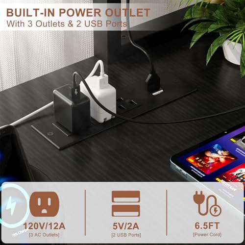 Aheaplus L Shaped Gaming Desk with Power Outlets & LED Lights, Small L- Shaped Desk Computer Corner Desk with Monitor Stand & Storage Shelf
