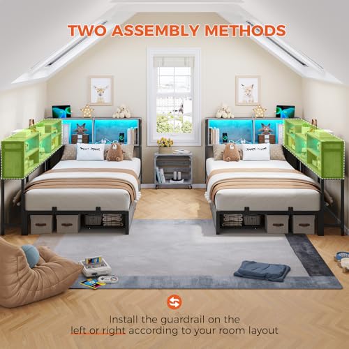 DICTAC Corner Twin Bed Frame with Bookcase Storage and Led Lights Metal Twin Size Platform Beds with Storage and Charging Station Twin Daybed with 2