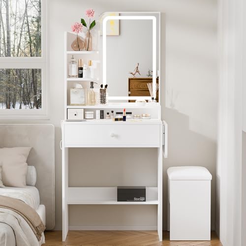 Haewon White Makeup Vanity Desk with Mirror and Lights, Vanity Table Set with Charging Station, Drawer, Storage Chair and Shelves