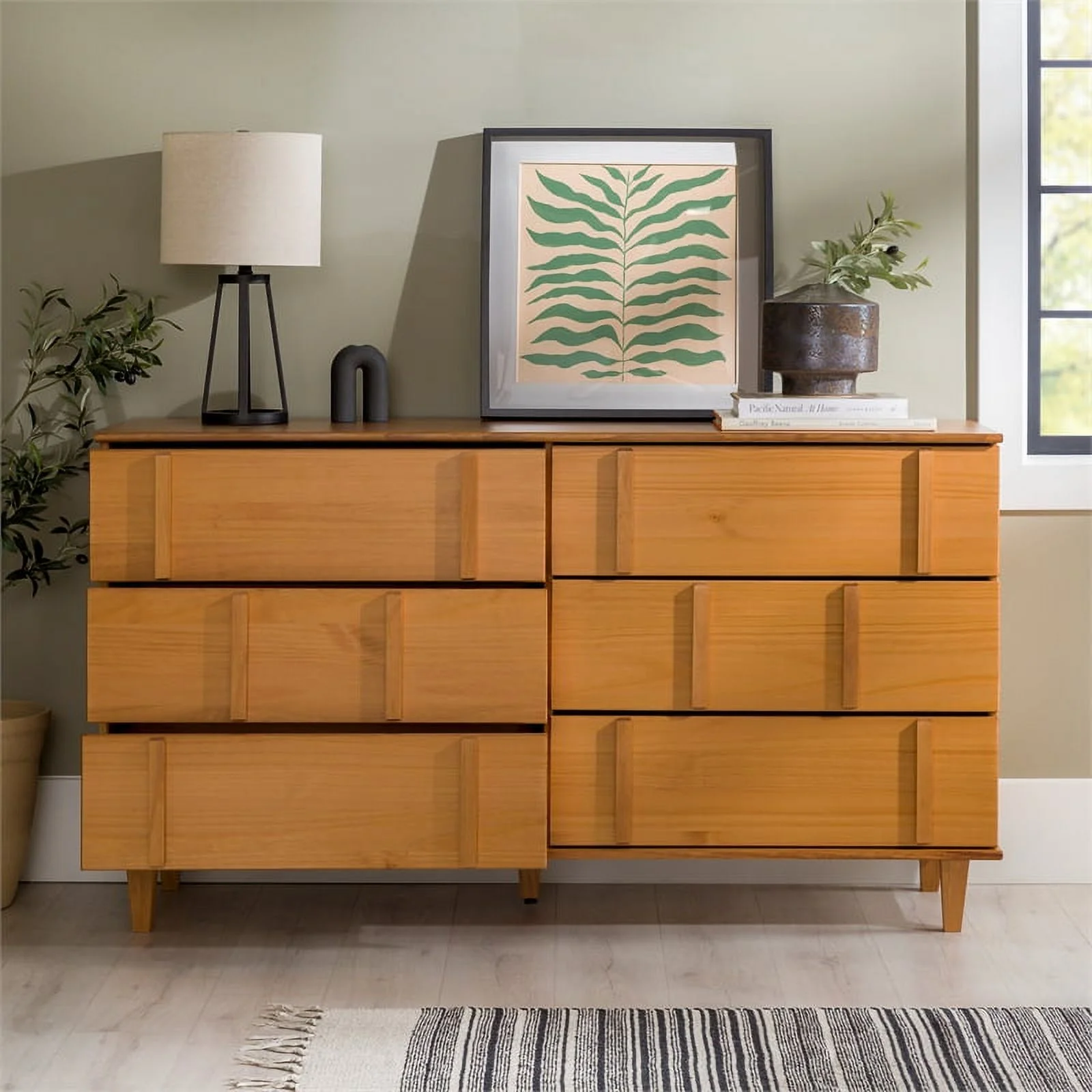 Walker Edison Modern Detailed 6-Drawer Solid Wood Dresser 60 Inch Caramel