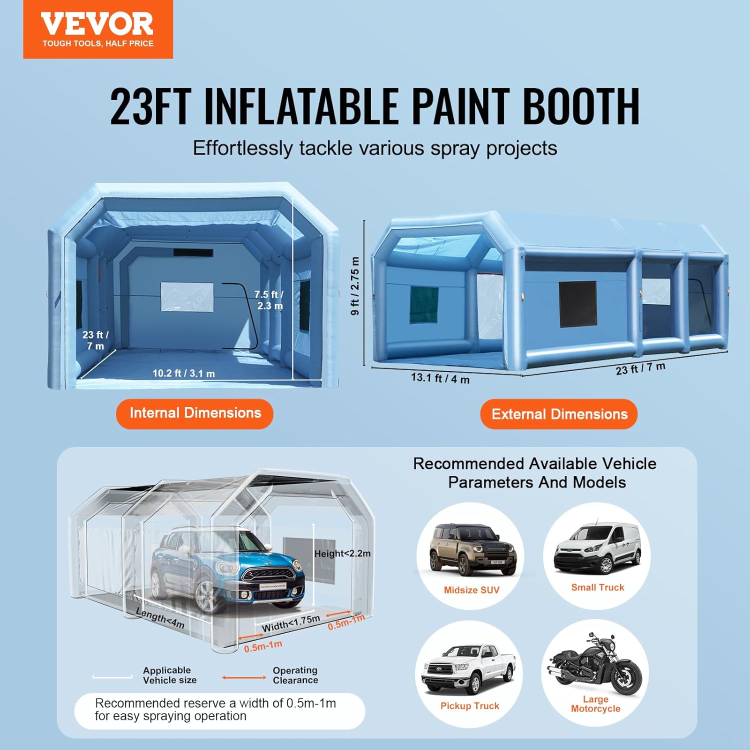 VEVOR Inflatable Paint Booth, 23 x 13.1 x 9 ft Inflatable Spray Booth, with 750W+480W Powerful Blowers and Air Filter System, Large Motorcycle