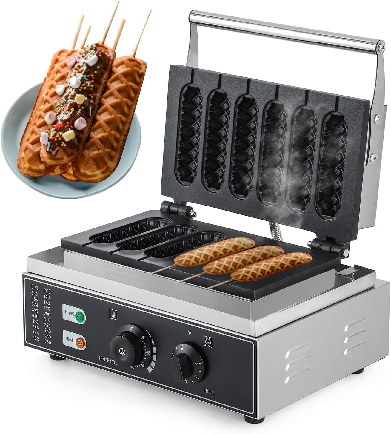 CGOLDENWALL Commercial/Home Corn Dog Waffle Maker Machine 1550W 6Pcs French Muffin Irons Non-stick Stainless Steel Waffle Stick Maker