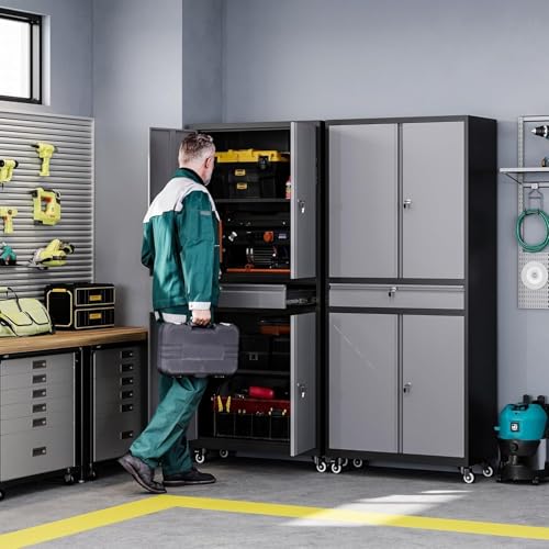 Letaya Metal Garage Storage Cabinet with Drawer,4 Door Tool Cabinet with Lock-2 Adjustable Shelves for Garage Home Office Utility Room (Black)