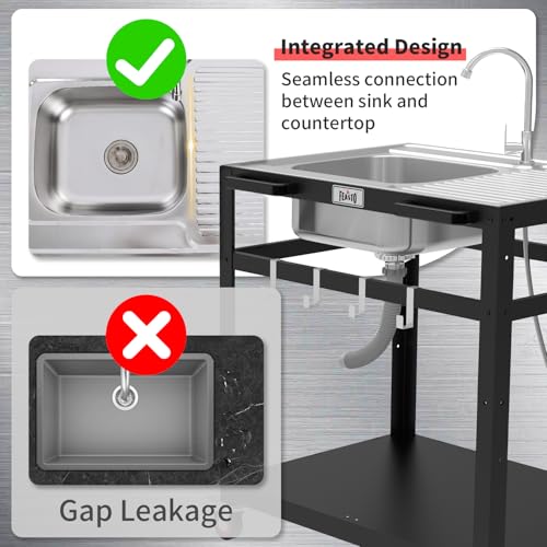 35” Outdoor Grill Cart with Sink, Outdoor Kitchen Sink Station with Hose Hook Up, Free Standing Sink with Wheels