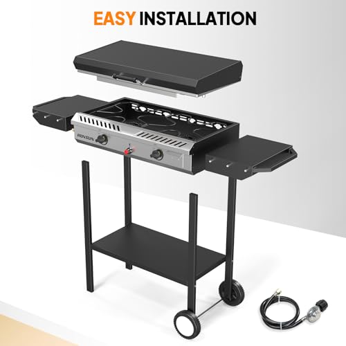 ROVSUN 2 Burner Outdoor Propane Gas Stove with Auto-ignition, Regulator & Shelf, 150