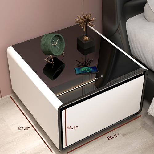 Atlodas 26.5" Smart Nightstand with Fridge, Mini Coffee Table, Side Table with Wireless Charging, Power Outlet, USB Interface, Outlet Protection