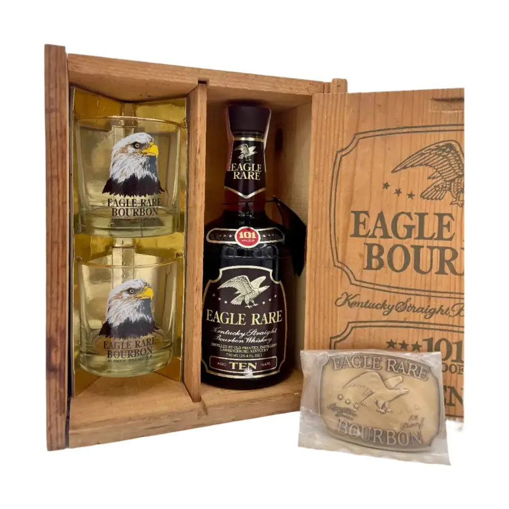 Eagle Rare 101 Proof 10 Year Kentucky Straight Bourbon (1981 Release) Lawrenceberg w/ Glasses & Buckle - Nestor Liquor