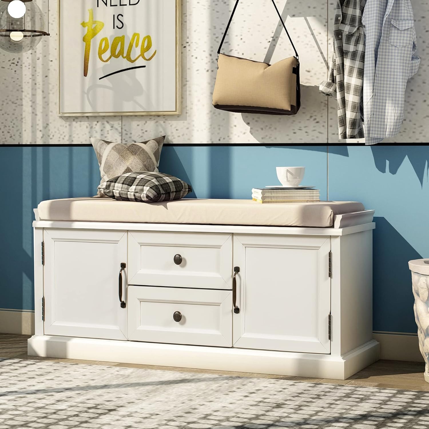 Storage Bench with 2 Drawers and 2 Cabinets, Shoe Bench with Removable Cushion for Living Room, Entryway, Hallway (Blue)