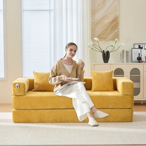 Convertible Sleeper Sofa Bed with Cylindrical Pillow, Corduroy Folding Mattress Couch with Fixed-Shape Frame