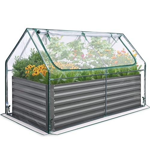 Quictent Raised Garden Bed Galvanized Raised Beds for Gardening Vegetables with Cover 8x4x1 ft Metal Planter Box Outdoor Use (Clear)