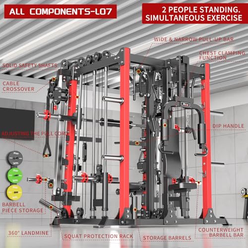 Power Cage Smith Machine Power Rack Multifunctional Deep Squat Rack Cable Crossover System Selectable More Training Attachment for Garage & Home Gym