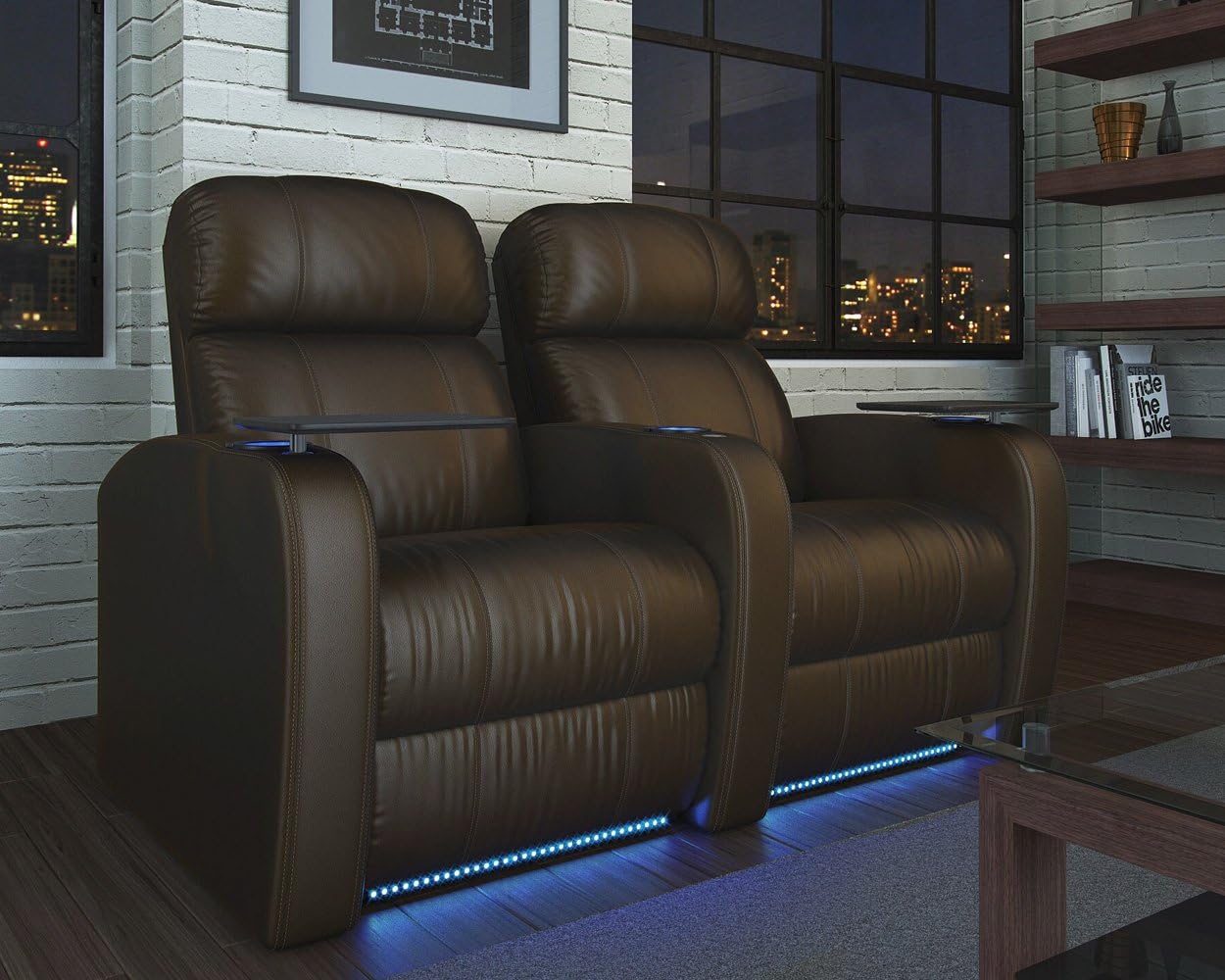 Octane Seating Diesel XS950 Theater Chairs for Home Brown Top-Grain Leather - Power Recline - Accessory Dock - Space Saver - Memory Foam