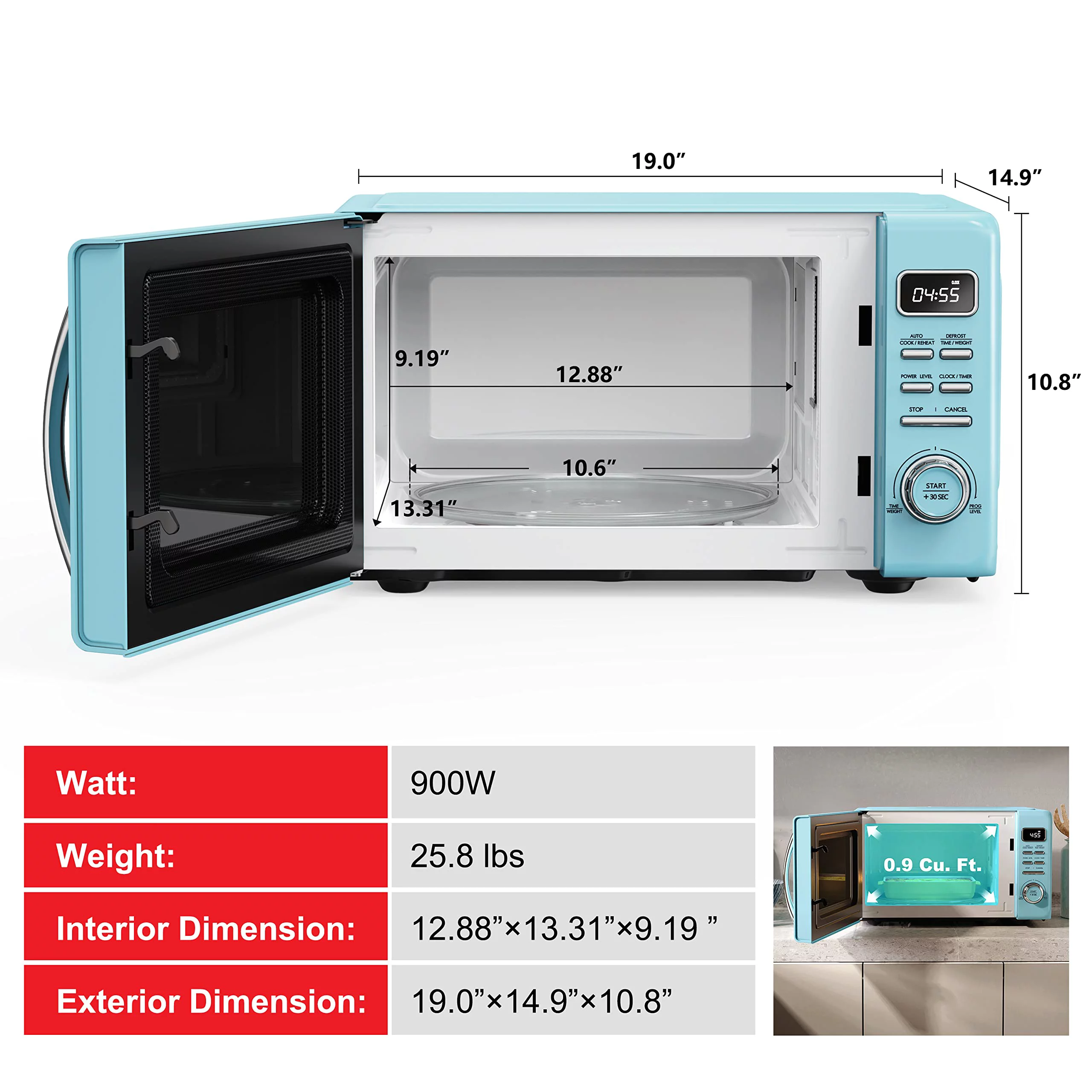 Galanz GLCMKZ09BER09 Retro Countertop Microwave Oven with Auto Cook & Reheat, Defrost, Quick Start Functions, Easy Clean with Glass Turntable
