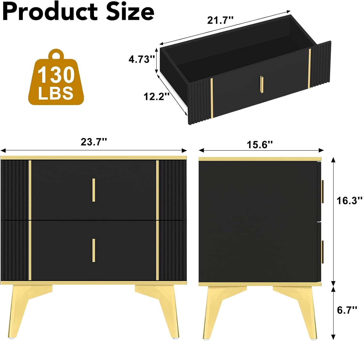 Wakefit Nightstands Set of 2, Light Luxury Bedside Table with 2 Wood Drawers, End Tables with Metal Handles and Metal Legs for Bedroom