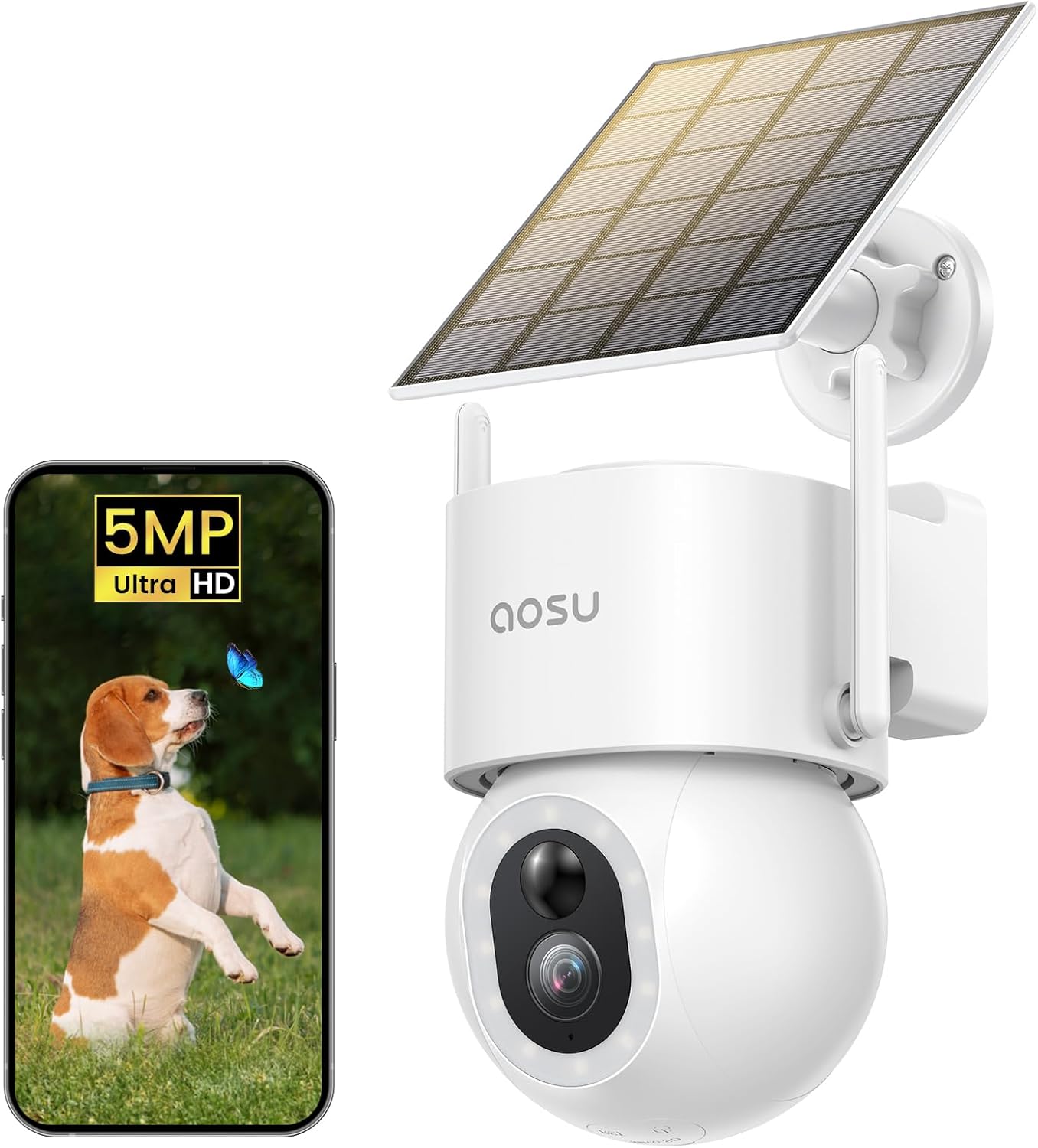AOSU Security Cameras Wireless Outdoor, 3K/5MP Solar Powered Cameras for Home Security, 360° Pan/Tilt Surveillance, Color Night Vision