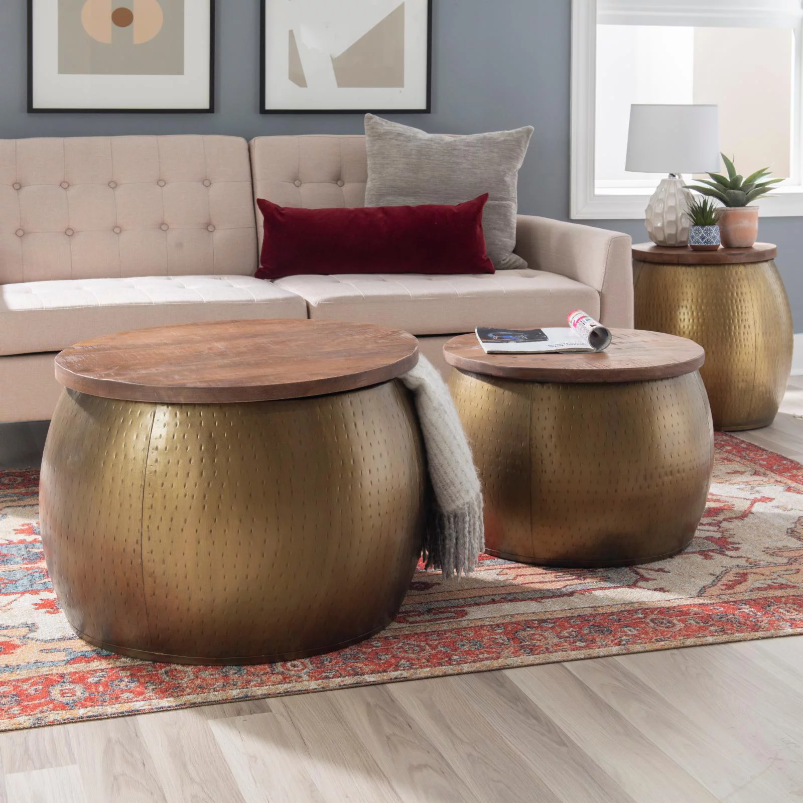 Linon Reid Metal and Wood Drum Side Table with Storage in Gold